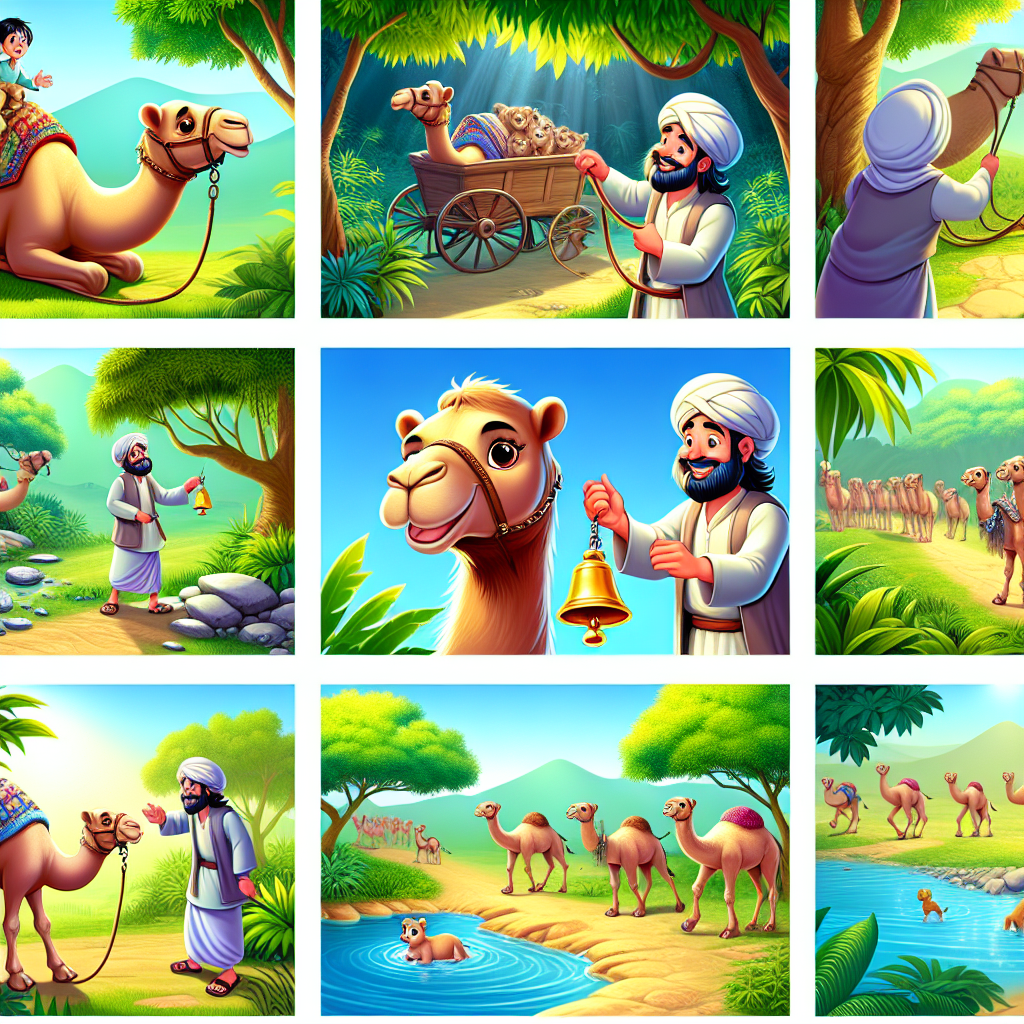 Colorful cartoon storyboard showing 8 key scenes from The Camel and the Bell