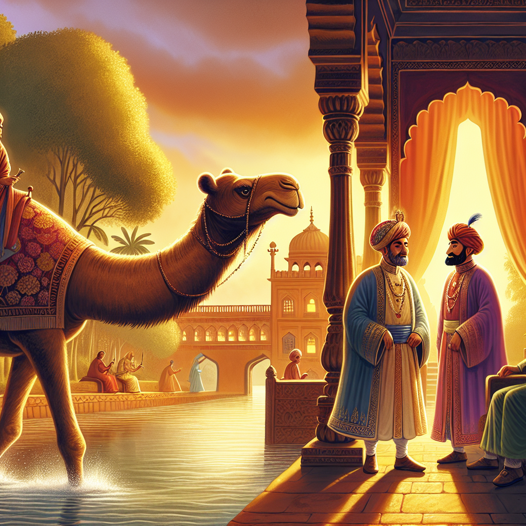 Colorful children's illustration for the story: The Crooked Neck of the Camel
