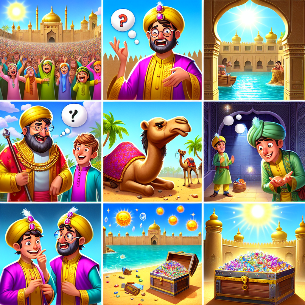 Colorful cartoon storyboard showing 8 key scenes from The Crooked Neck of the Camel