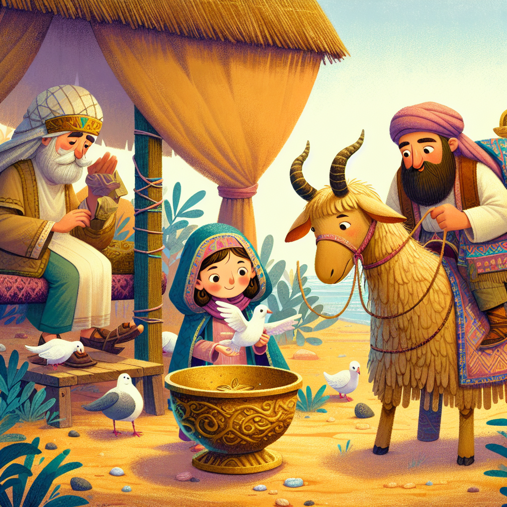Colorful children's illustration for the story: The King's Riddles and the Camel's Daughter