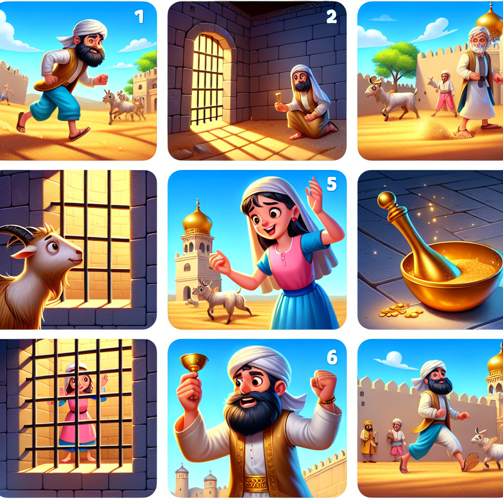 Colorful cartoon storyboard showing 8 key scenes from The King's Riddles and the Camel's Daughter