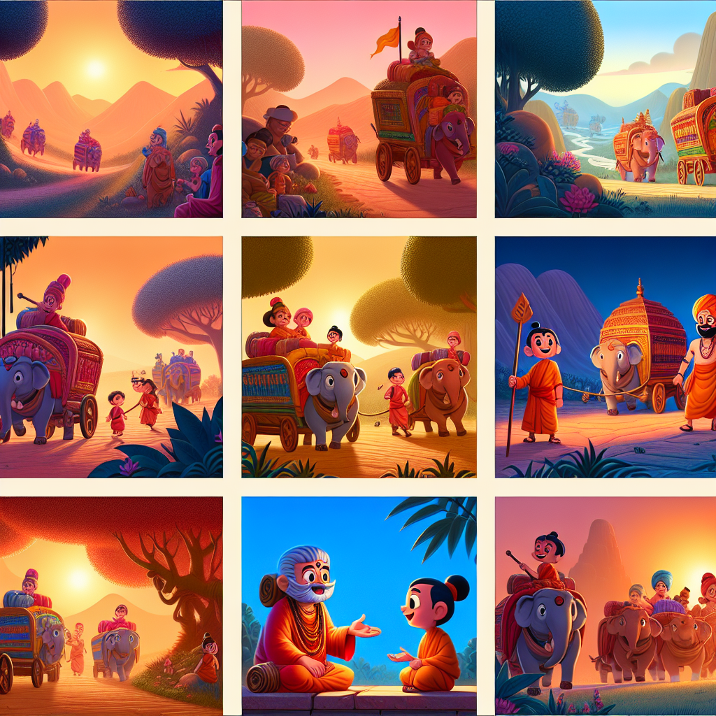 Colorful cartoon storyboard showing 8 key scenes from The Merchant and the Water