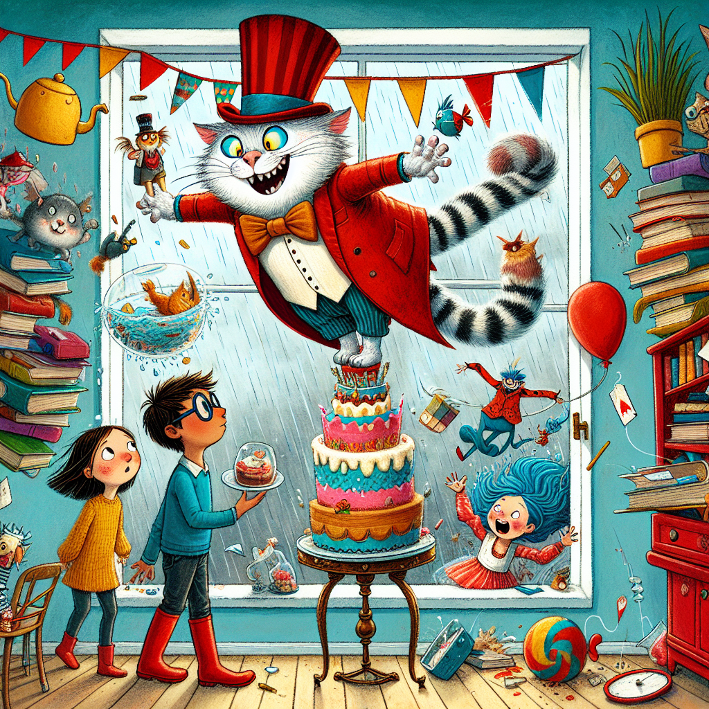 Colorful children's illustration for the story: The Cat in the Hat's Spectacular Mess