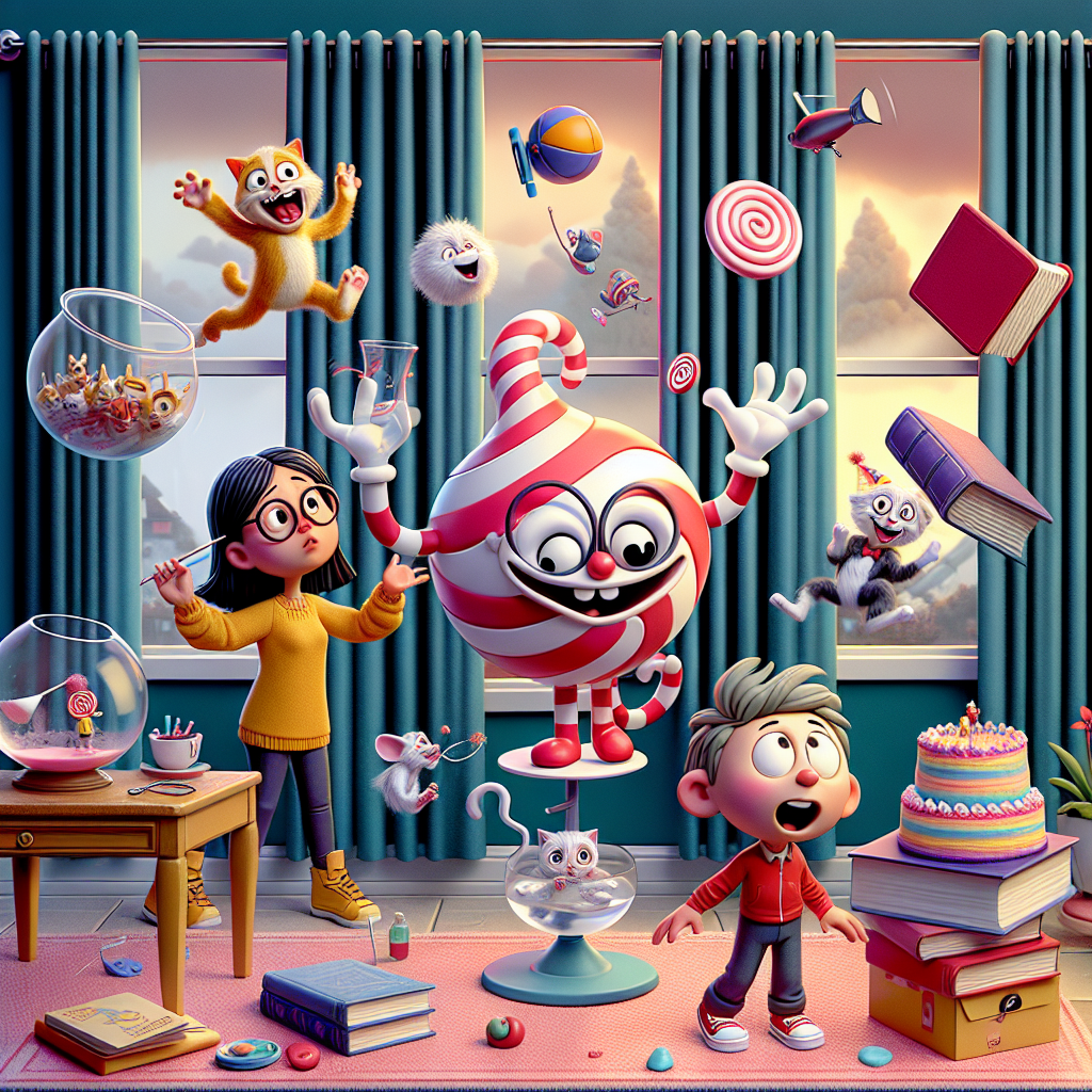 Colorful cartoon storyboard showing 8 key scenes from The Cat in the Hat's Spectacular Mess
