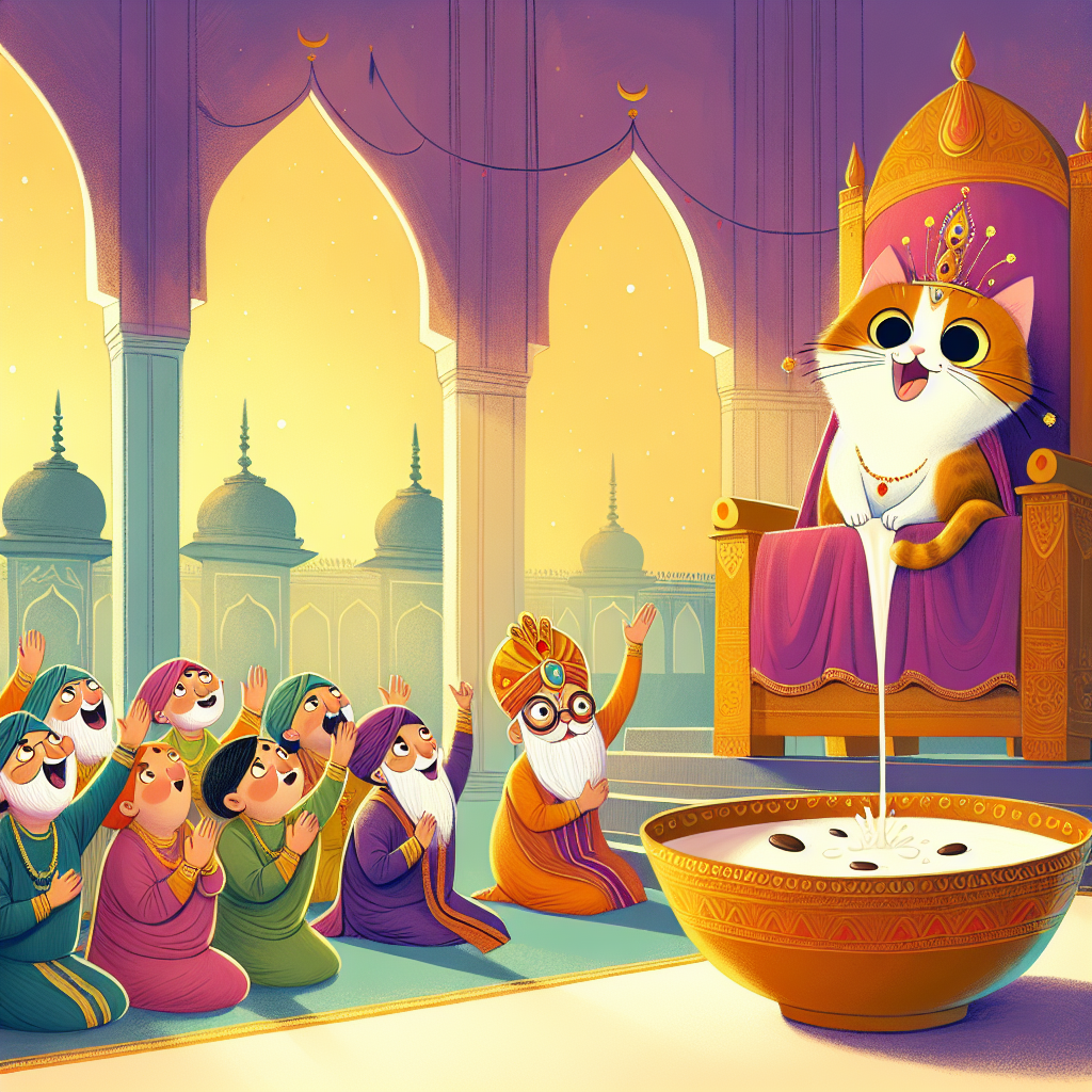 Colorful children's illustration for the story: The Cat That Was Afraid of Milk