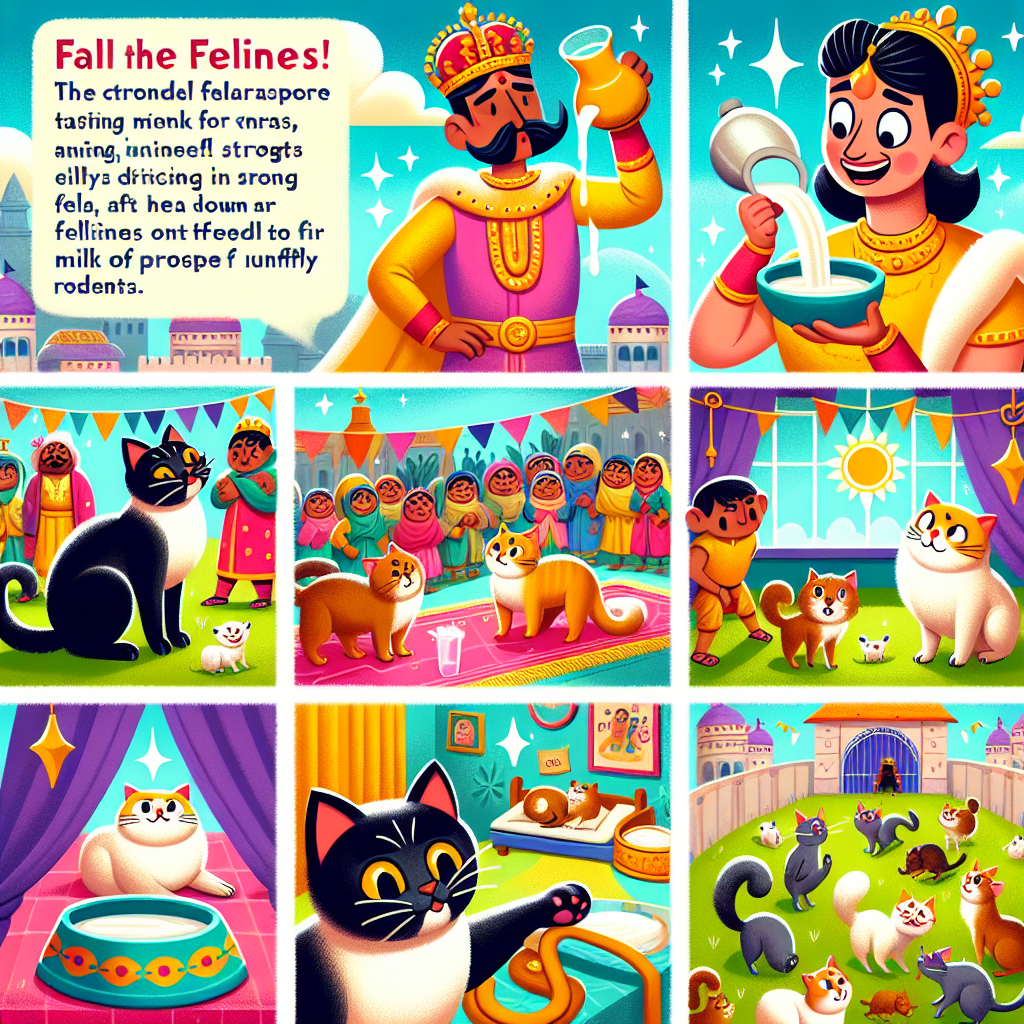 Colorful cartoon storyboard showing 8 key scenes from The Cat That Was Afraid of Milk