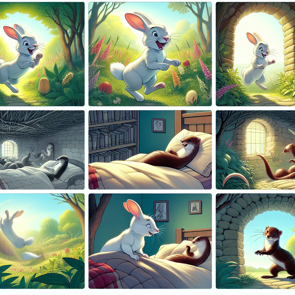 Colorful cartoon storyboard showing 8 key scenes from The Rabbit and the Weasel