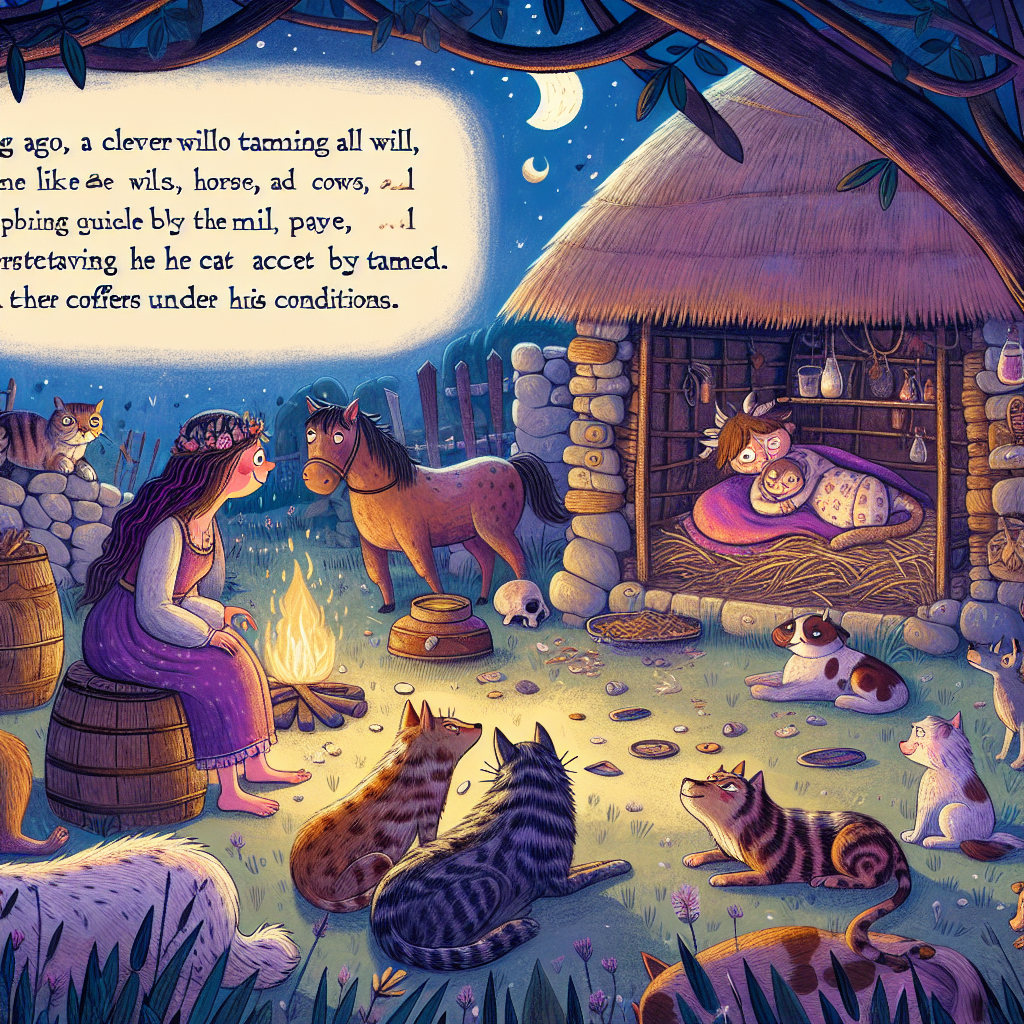 Colorful children's illustration for the story: The Cat That Walked by Himself