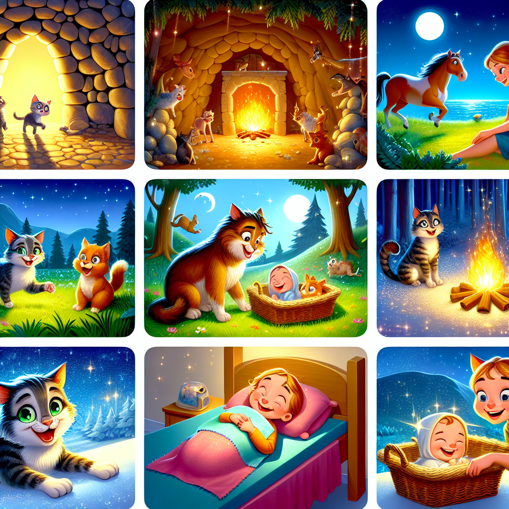 Colorful cartoon storyboard showing 8 key scenes from The Cat That Walked by Himself