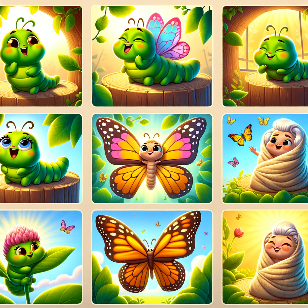 Colorful cartoon storyboard showing 8 key scenes from The Caterpillar Who Learned to Fly