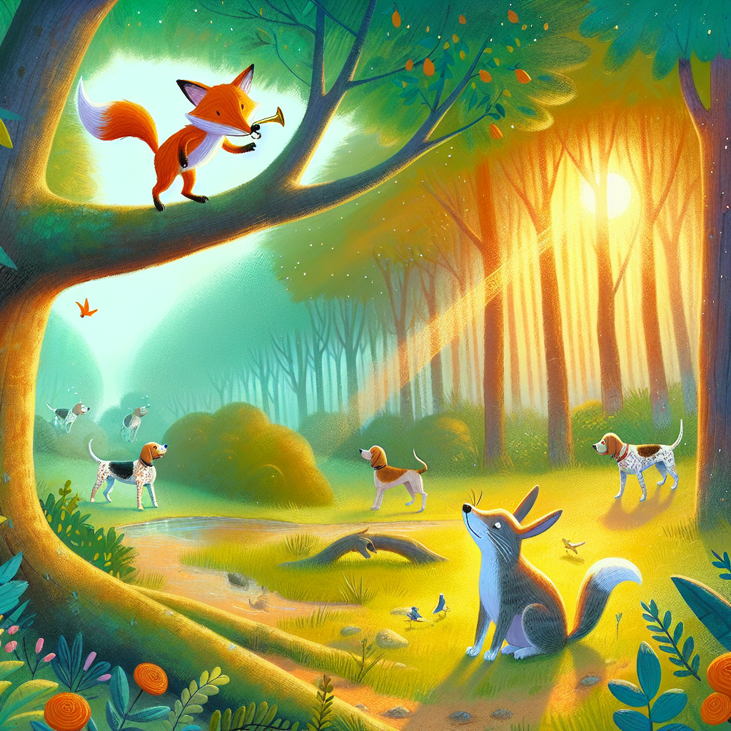 Colorful children's illustration for the story: The Cat and the Fox