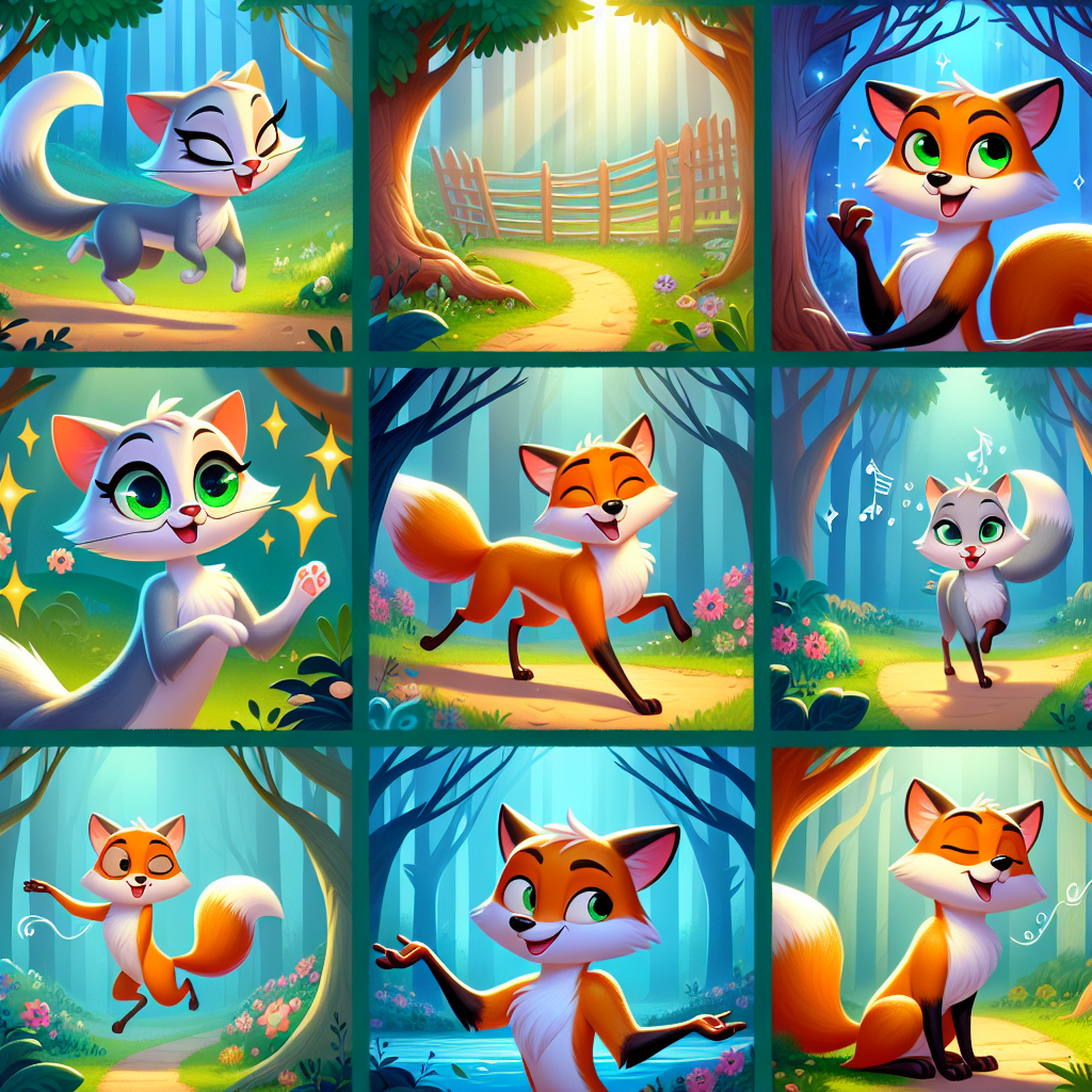 Colorful cartoon storyboard showing 8 key scenes from The Cat and the Fox