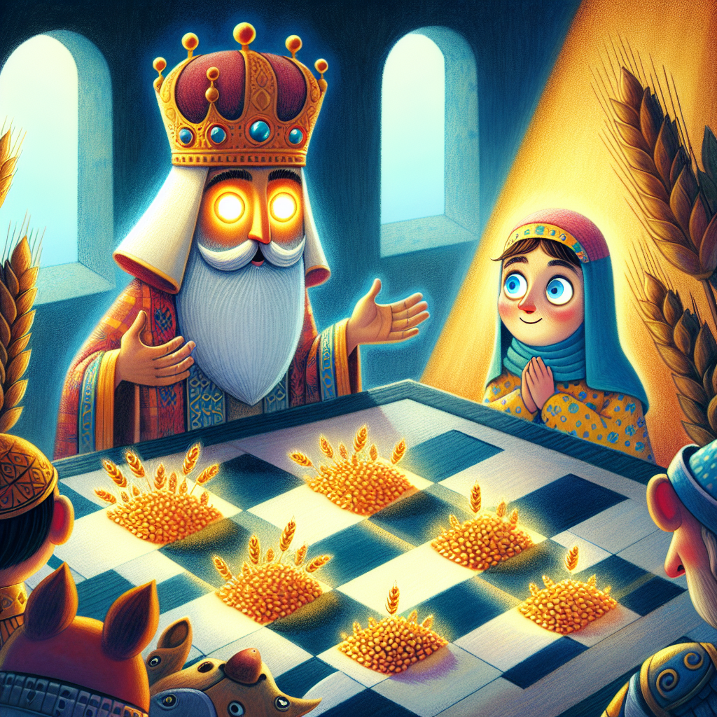 Colorful children's illustration for the story: The Chessboard and the Grainsss
