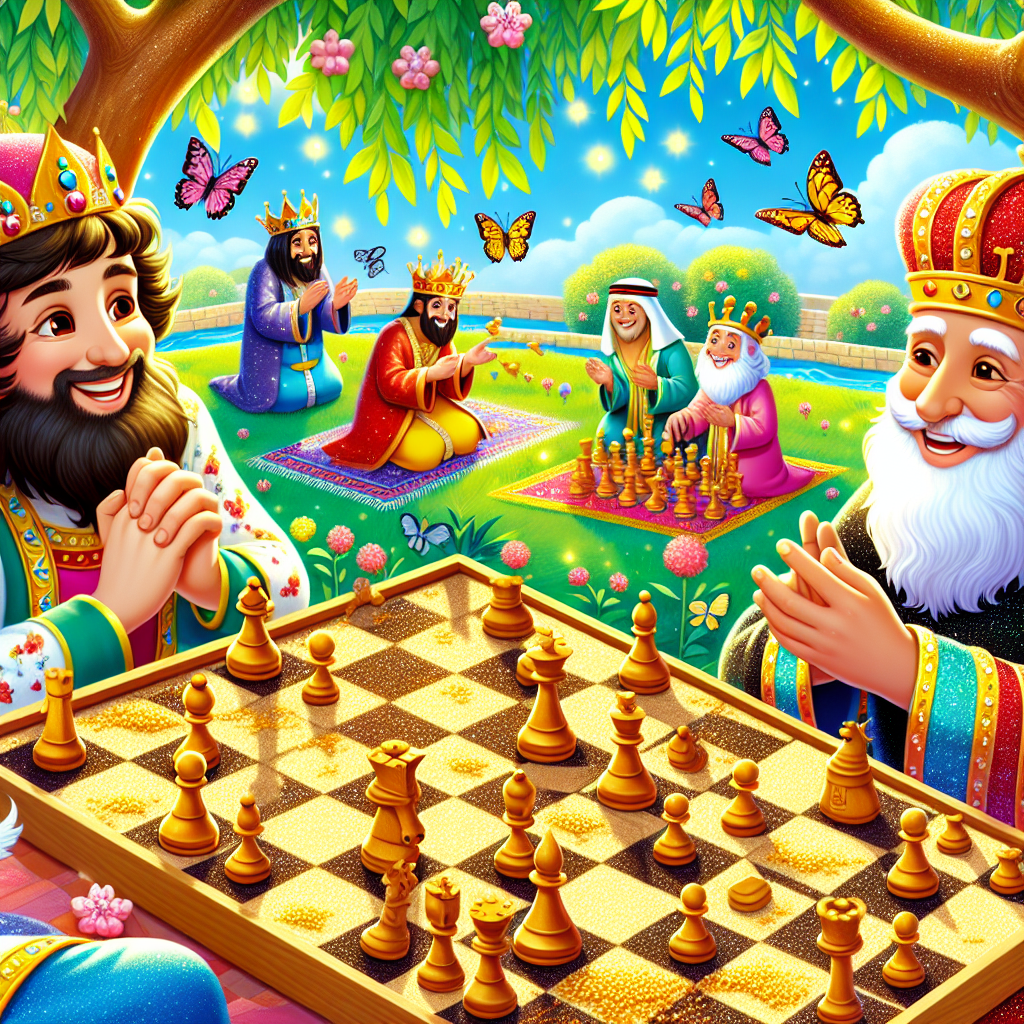 Colorful cartoon storyboard showing 8 key scenes from The Chessboard and the Grainssss