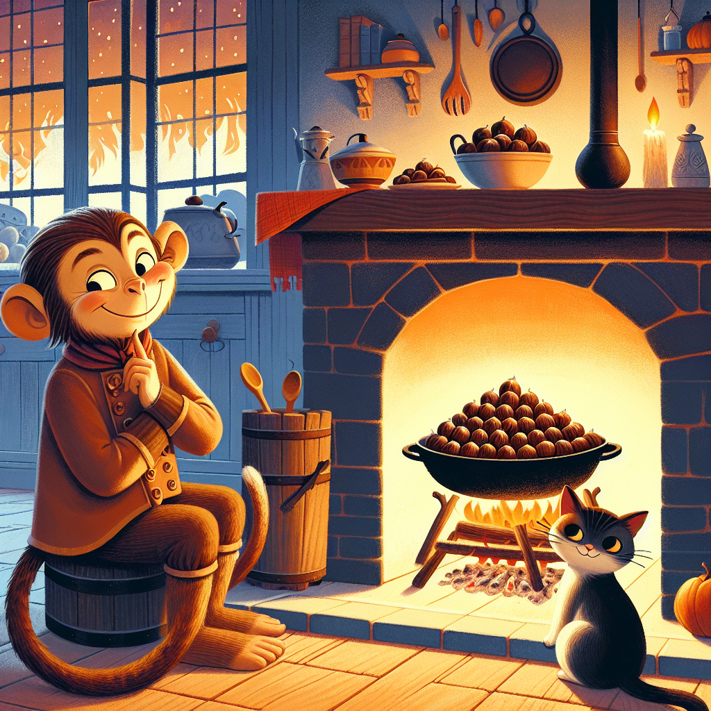 Colorful children's illustration for the story: The Monkey and the Cat
