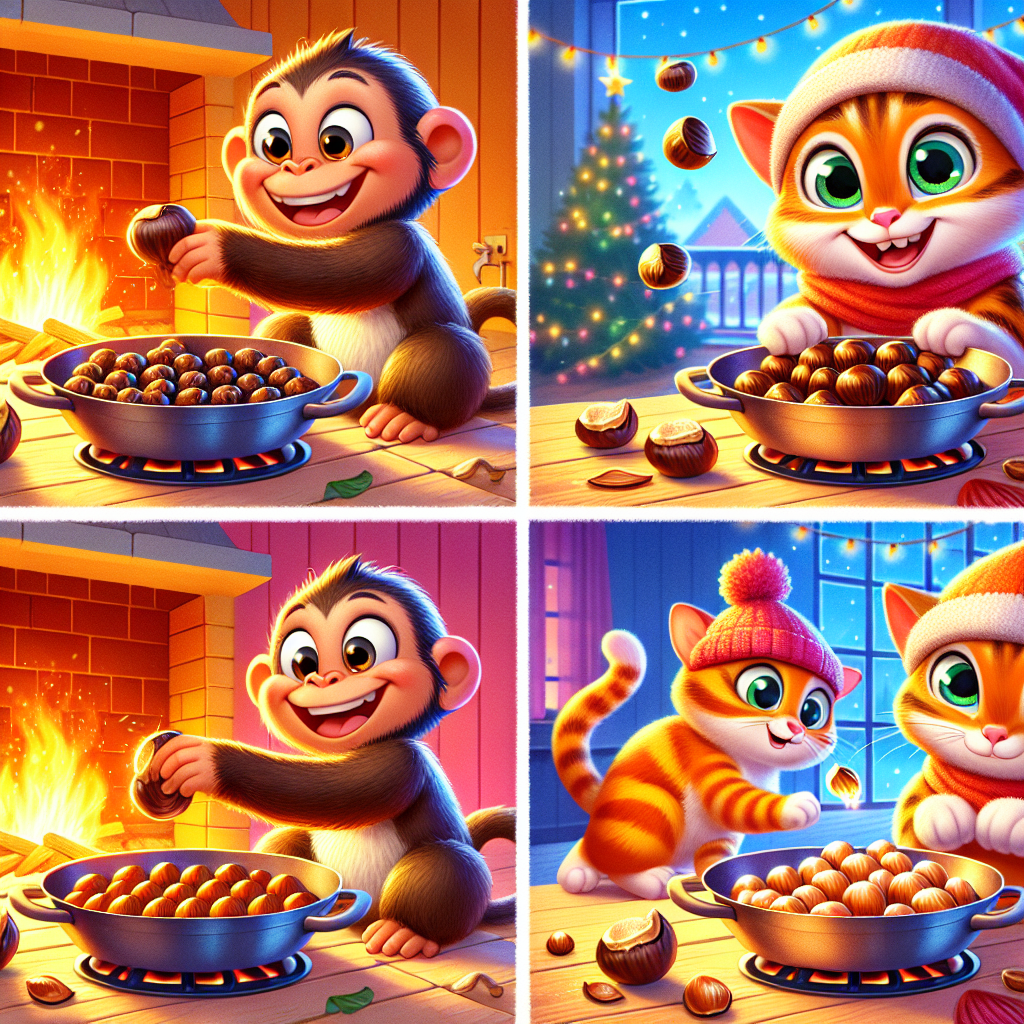 Colorful cartoon storyboard showing 8 key scenes from The Monkey and the Cat