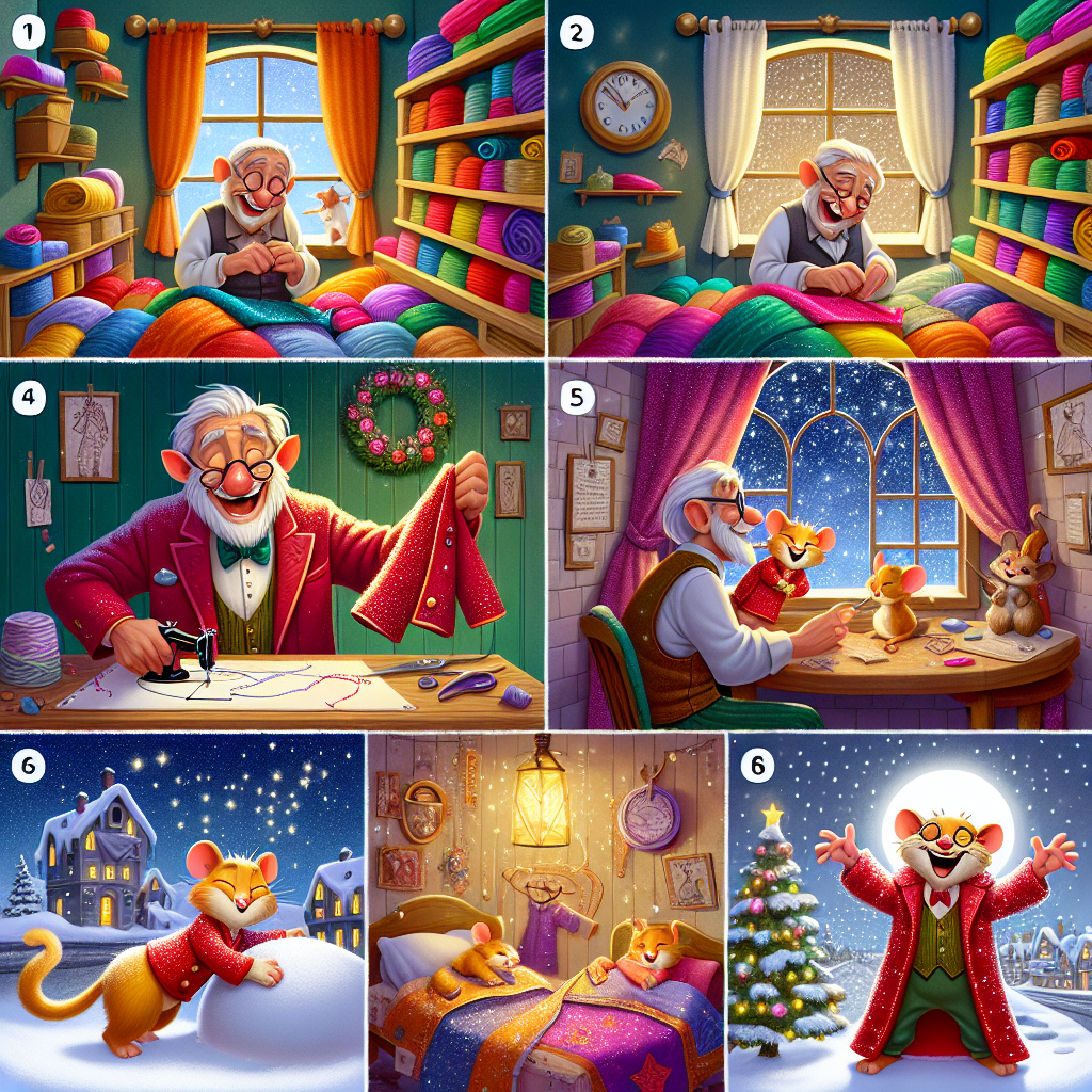 Colorful cartoon storyboard showing 8 key scenes from The Christmas Coat