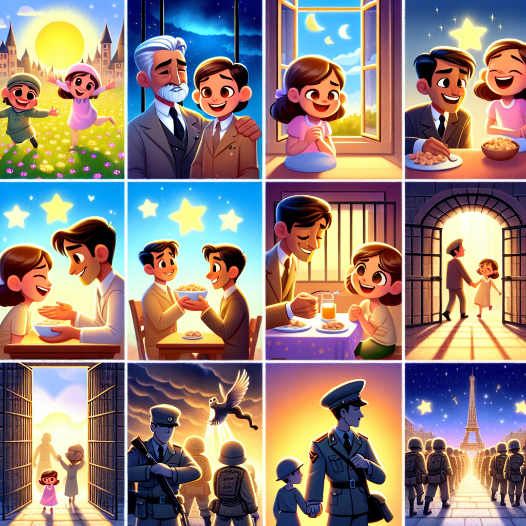 Colorful cartoon storyboard showing 8 key scenes from The City of Two Hearts