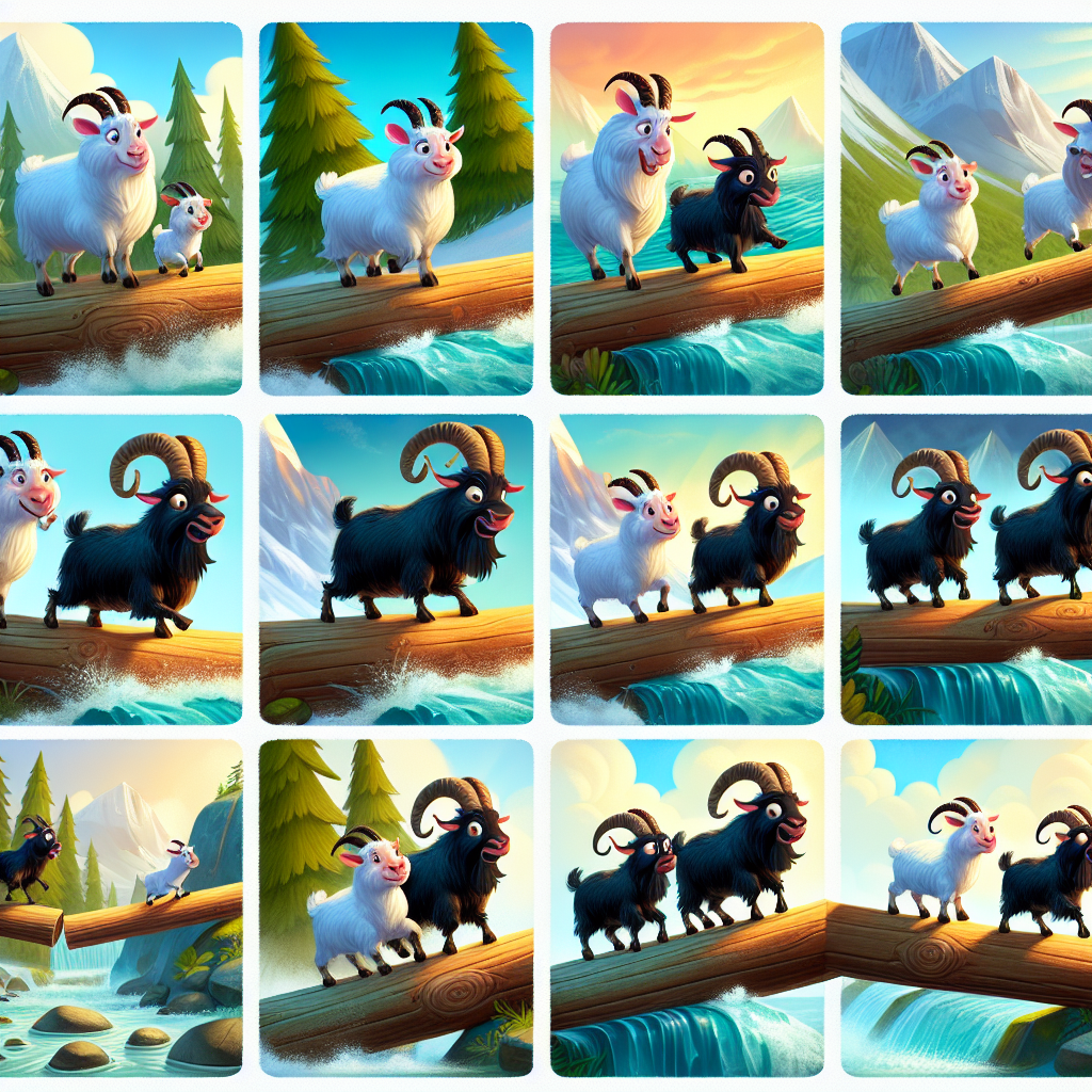 Colorful cartoon storyboard showing 8 key scenes from The Goats and the Log