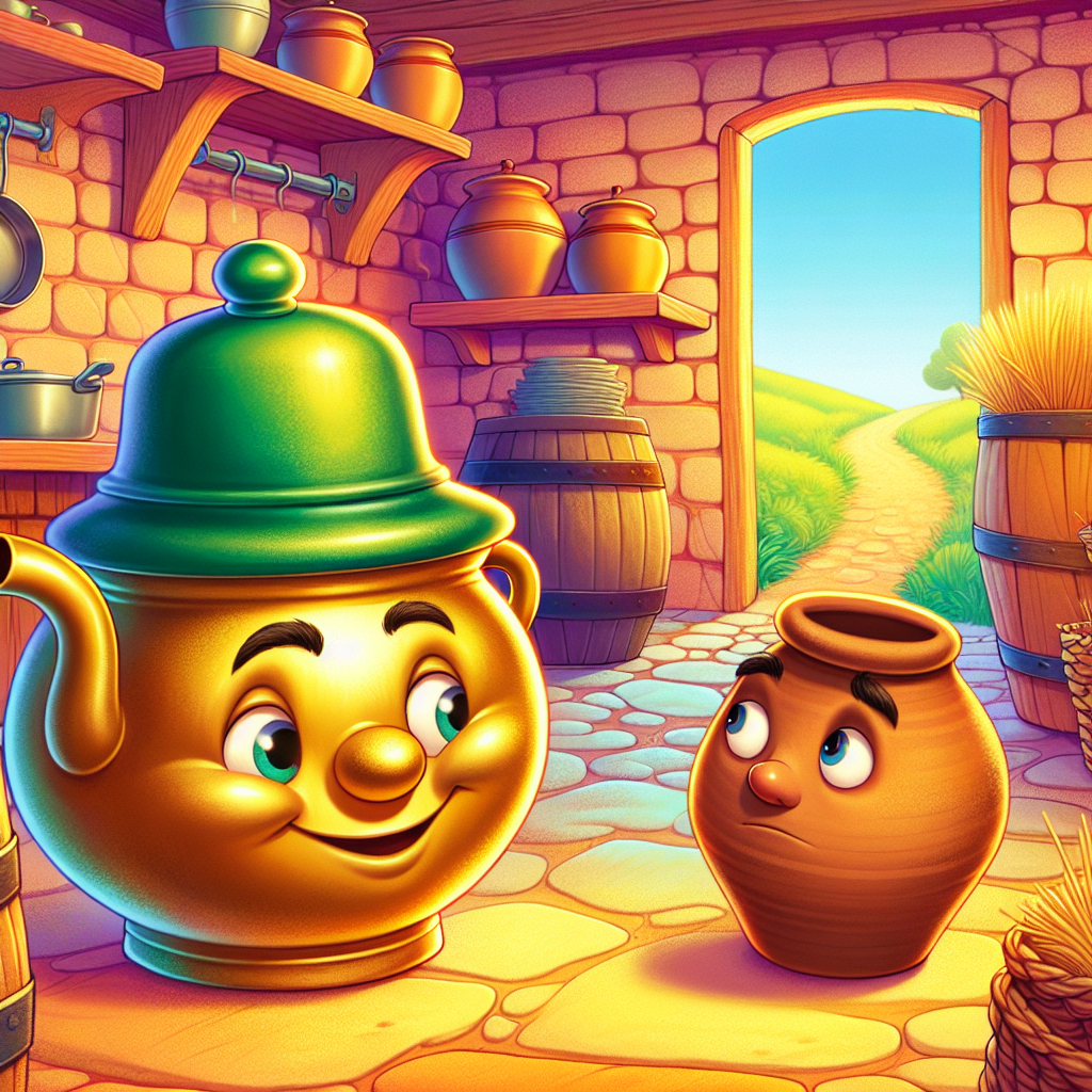 Colorful children's illustration for the story: The Brass Pot and the Clay Pot