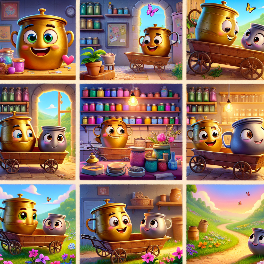 Colorful cartoon storyboard showing 8 key scenes from The Brass Pot and the Clay Pot