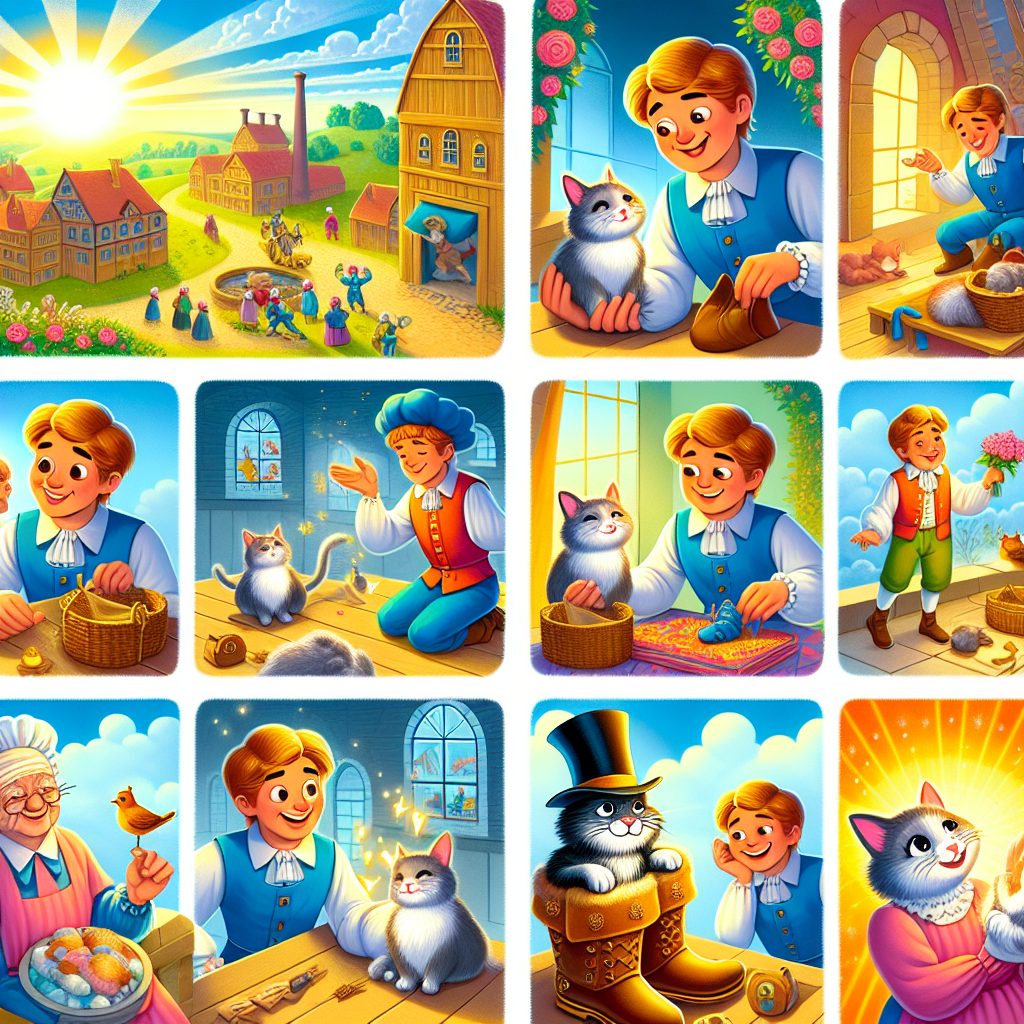 Colorful cartoon storyboard showing 8 key scenes from Puss in Boots