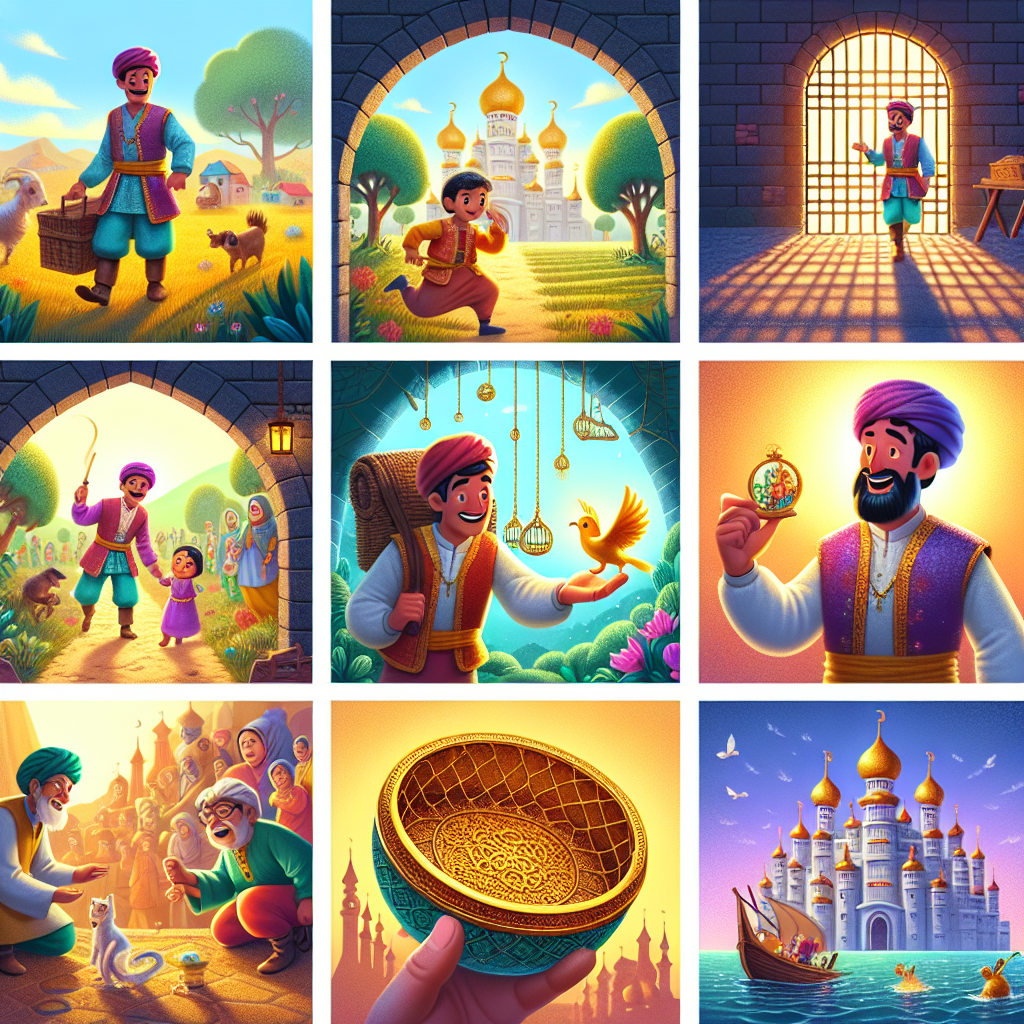 Colorful cartoon storyboard showing 8 key scenes from The Clever Daughter's Riddles