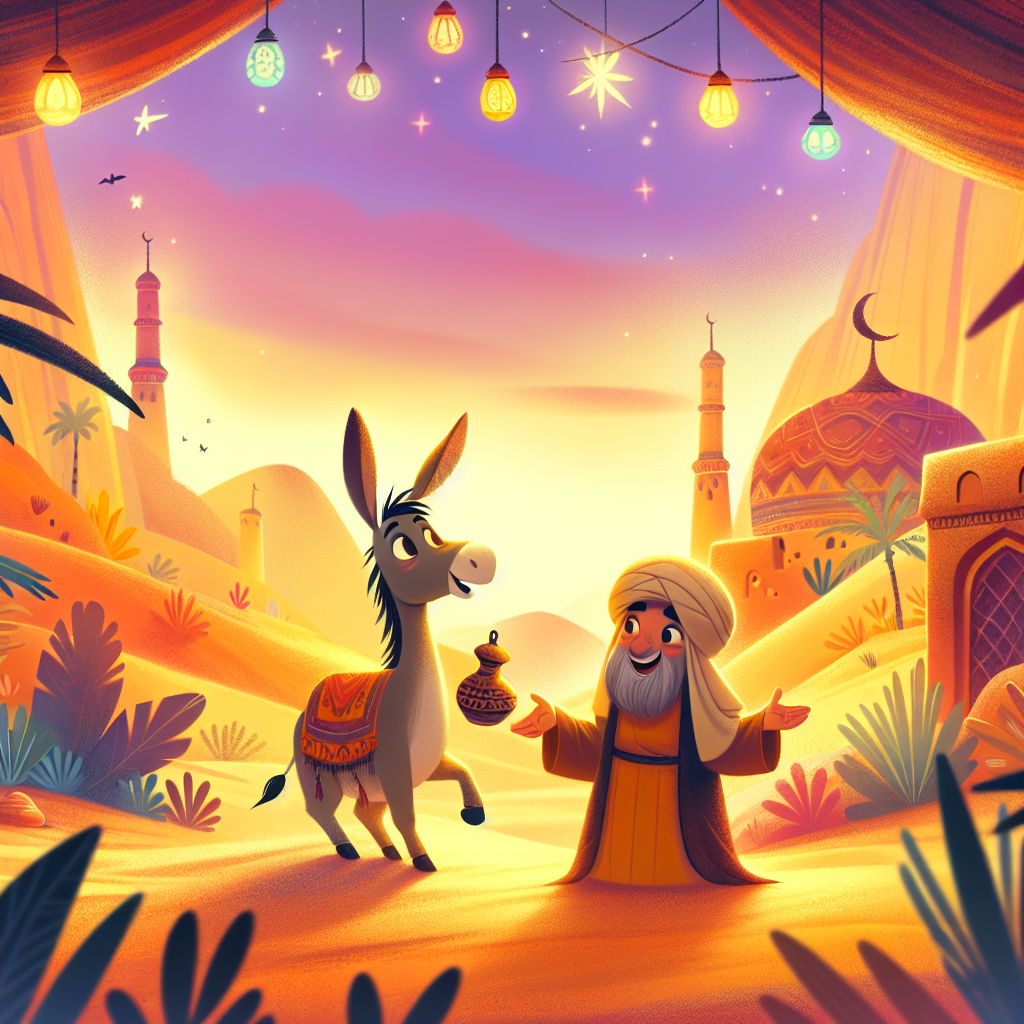 Colorful children's illustration for the story: The Clever Donkey