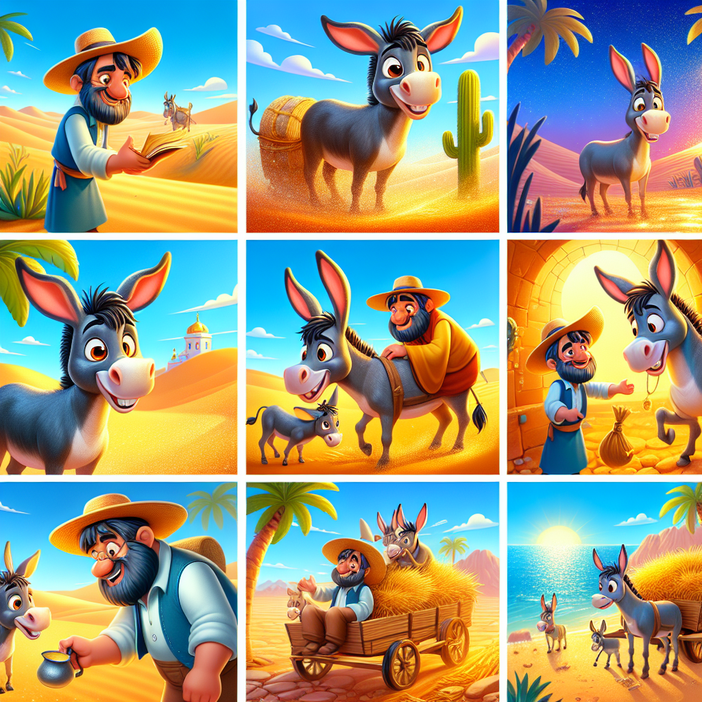 Colorful cartoon storyboard showing 8 key scenes from The Clever Donkey