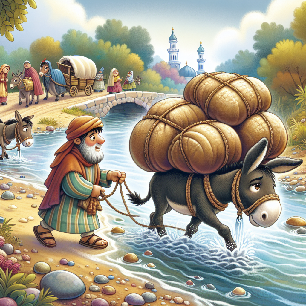 Colorful children's illustration for the story: The Donkey and the Salt