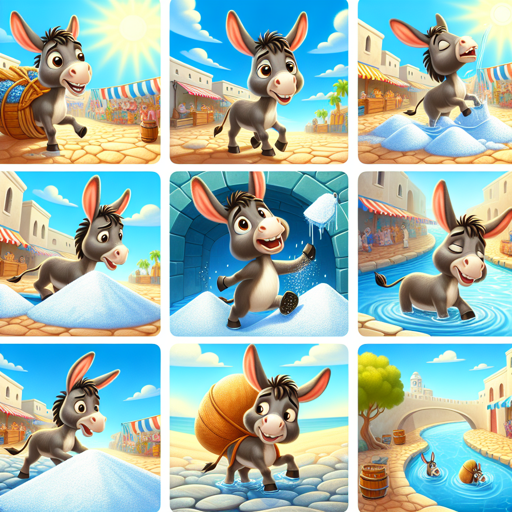 Colorful cartoon storyboard showing 8 key scenes from The Donkey and the Salt