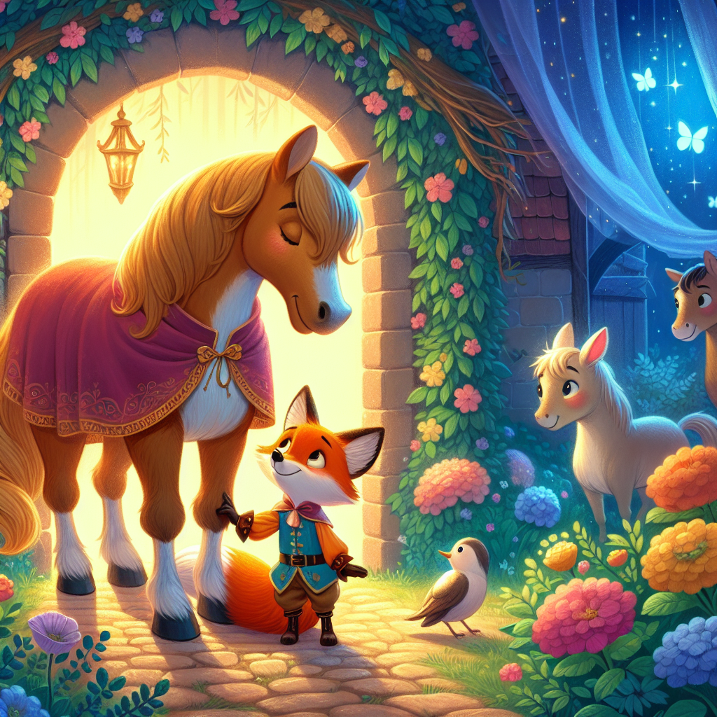 Colorful children's illustration for the story: The Fox and the Horse