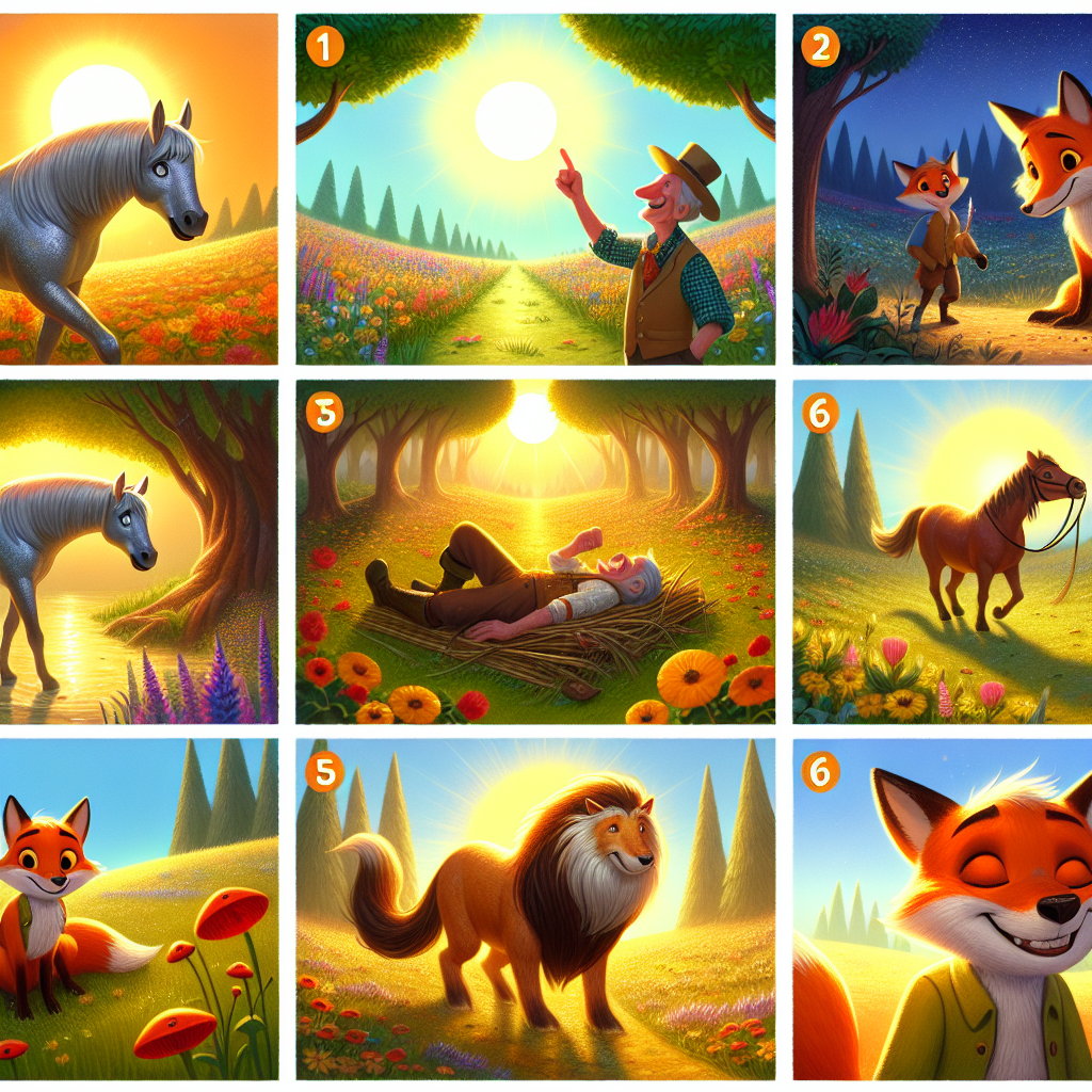 Colorful cartoon storyboard showing 8 key scenes from The Fox and the Horse