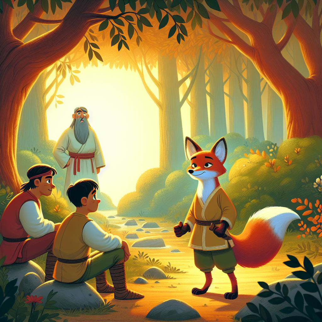 Colorful children's illustration for the story: The Fox and the Grapes