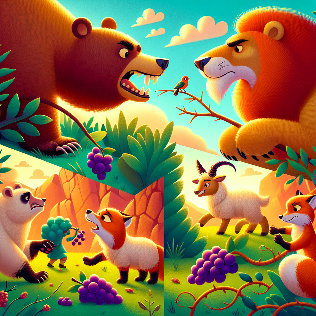 Colorful cartoon storyboard showing 8 key scenes from The Fox and the Grapes