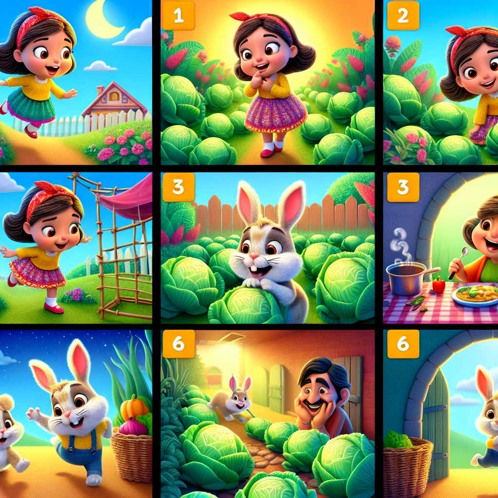 Colorful cartoon storyboard showing 8 key scenes from The Clever Girl and the Rabbit
