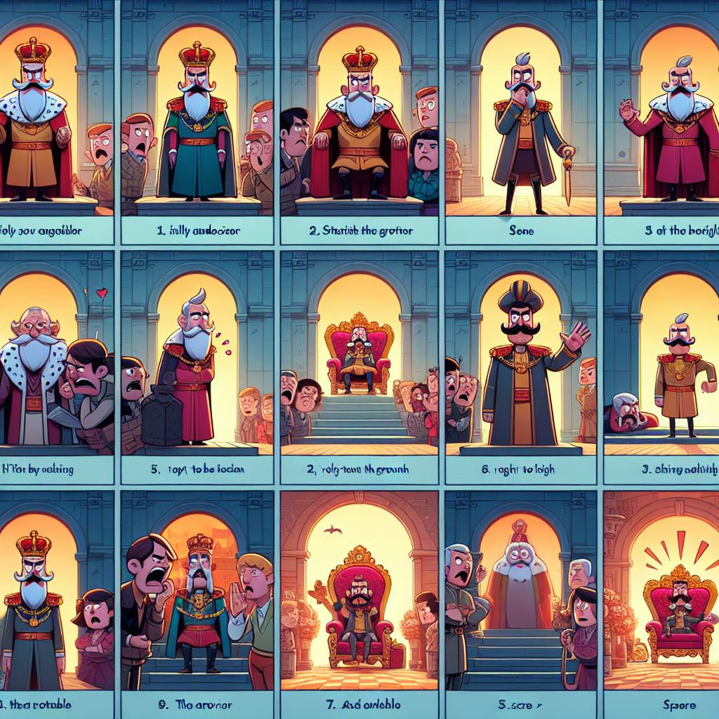Colorful cartoon storyboard showing 8 key scenes from Birbal's Clever Escape