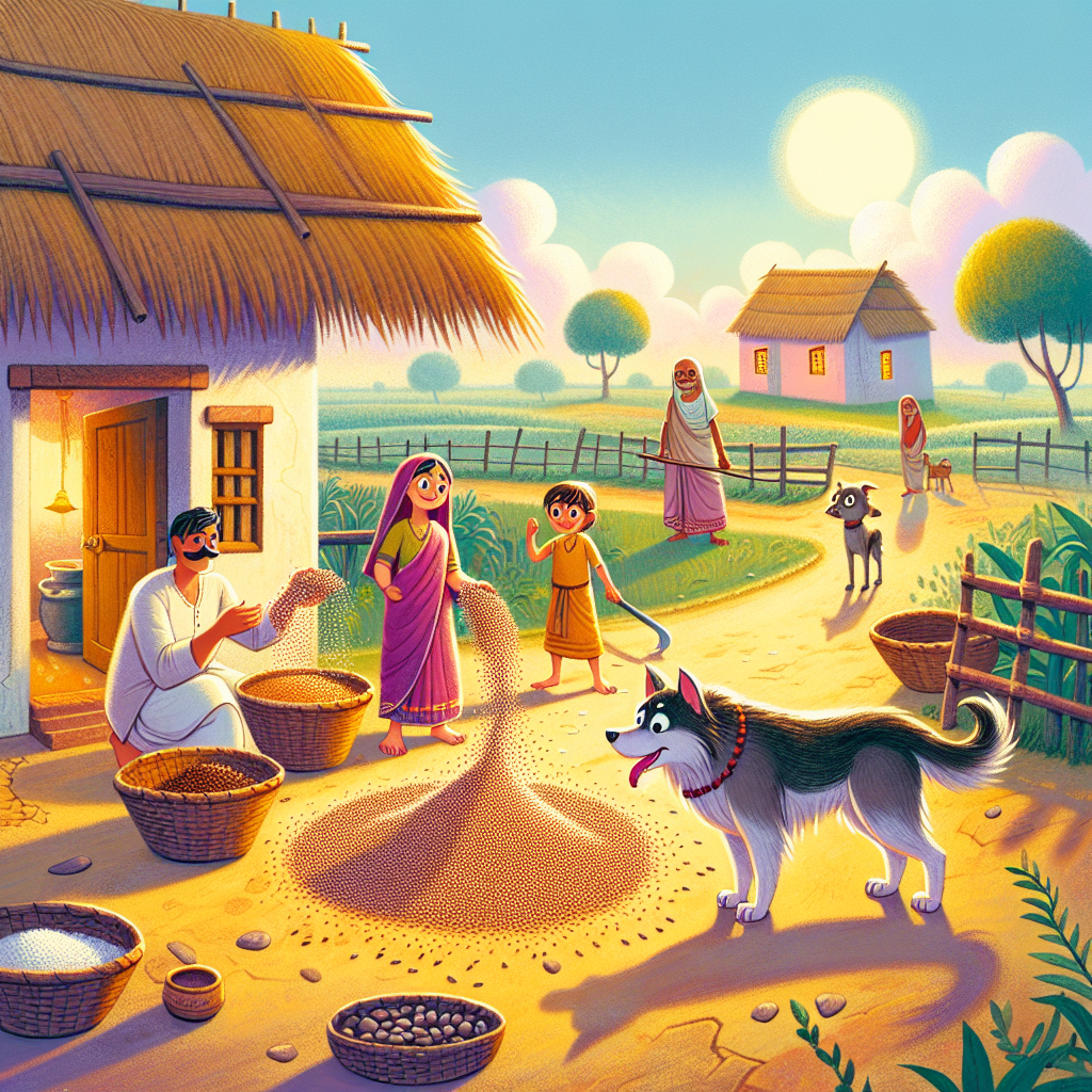 Colorful children's illustration for the story: The Brahmin and the Dog