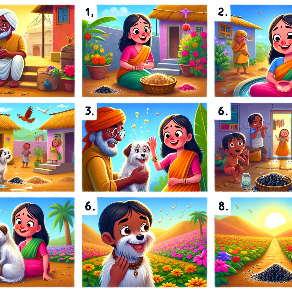 Colorful cartoon storyboard showing 8 key scenes from The Brahmin and the Dog
