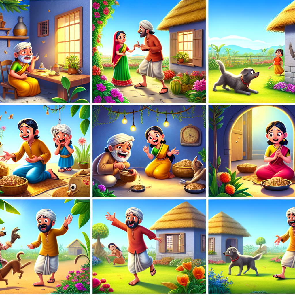 Colorful cartoon storyboard showing 8 key scenes from The Brahmin and the Crooked Neighbor