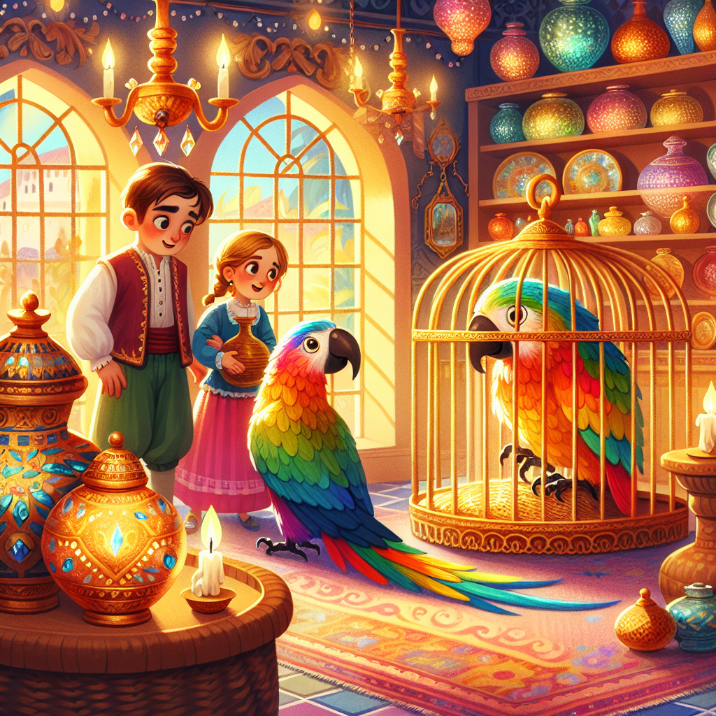 Colorful children's illustration for the story: The Truth-Telling Parrot