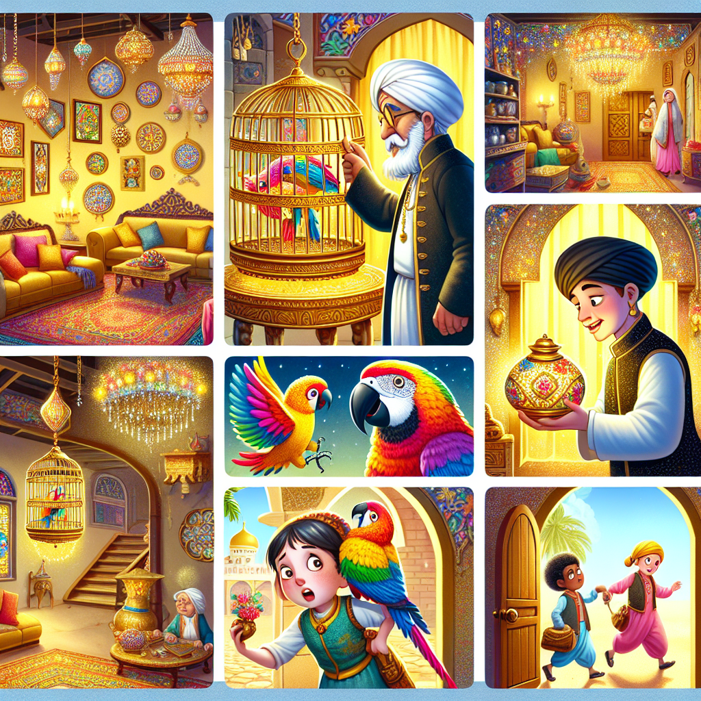 Colorful cartoon storyboard showing 8 key scenes from The Truth-Telling Parrot
