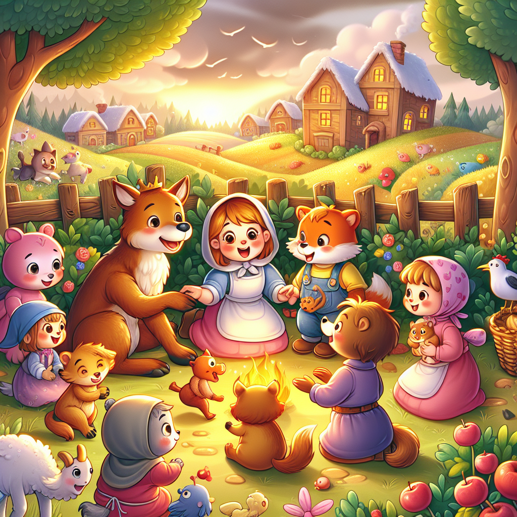 Colorful children's illustration for the story: The Fox and the Flies