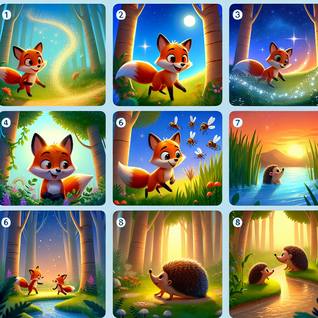 Colorful cartoon storyboard showing 8 key scenes from The Fox and the Flies
