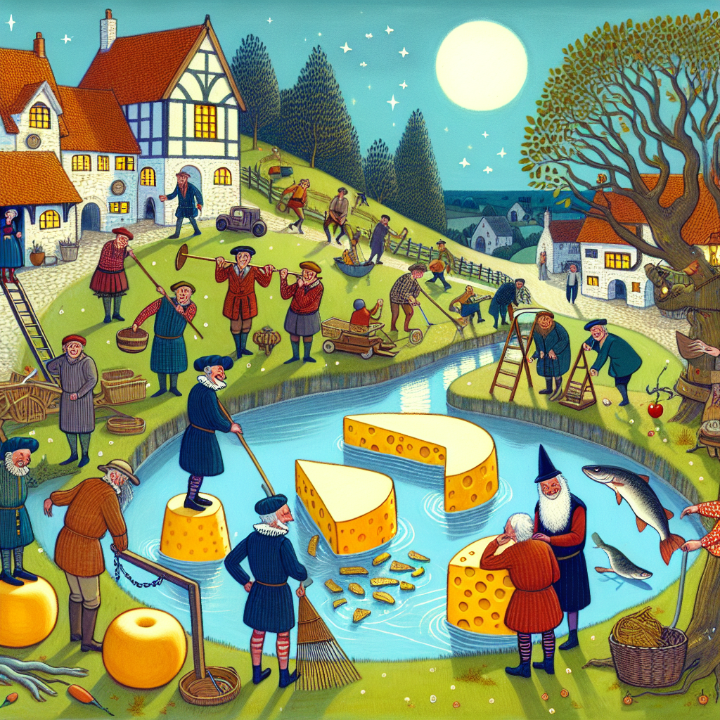 Colorful children's illustration for the story: The Clever Village and the Royal Road