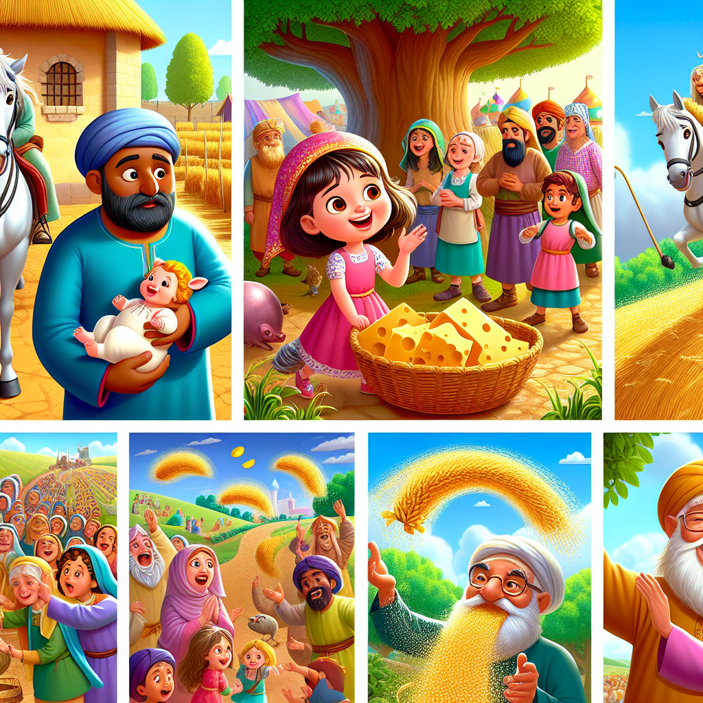 Colorful cartoon storyboard showing 8 key scenes from The Clever Village and the Royal Road