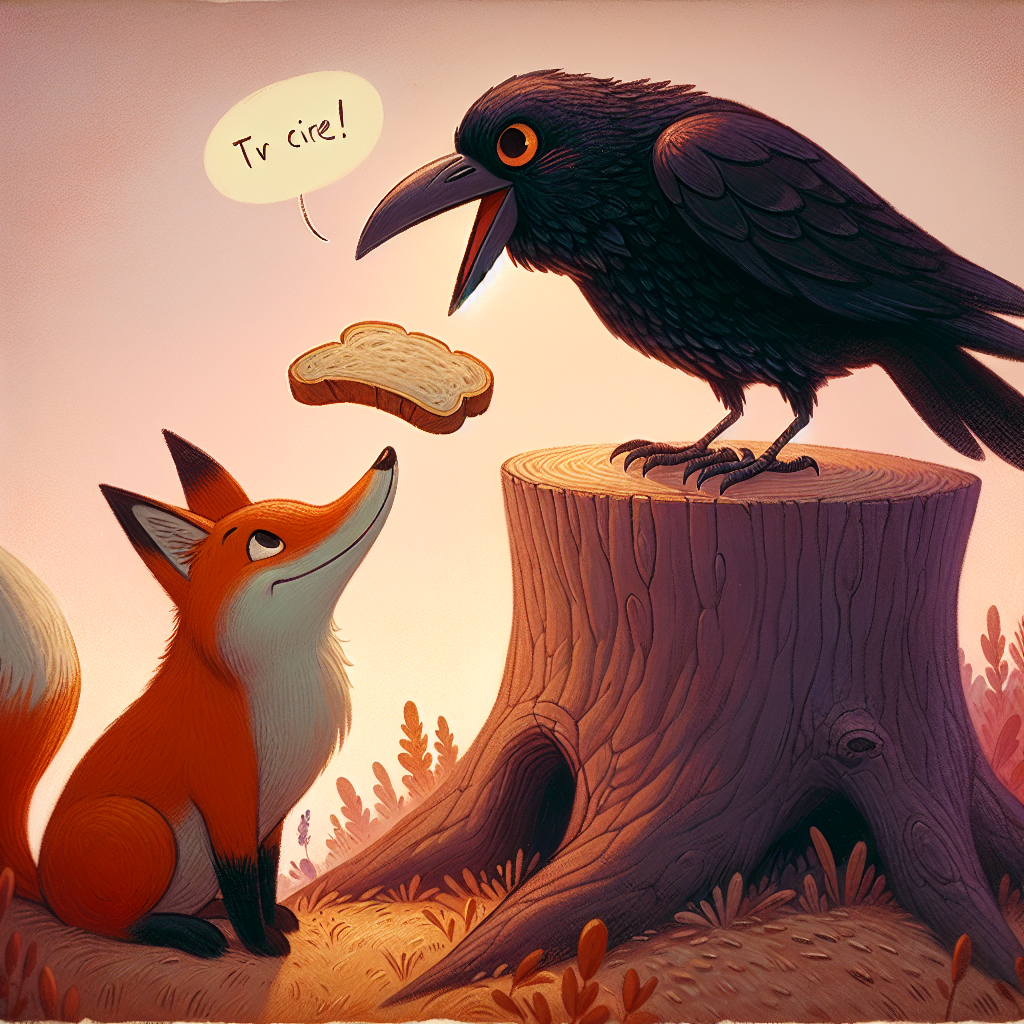 Colorful children's illustration for the story: The Clever Crow and the Flattering Fox