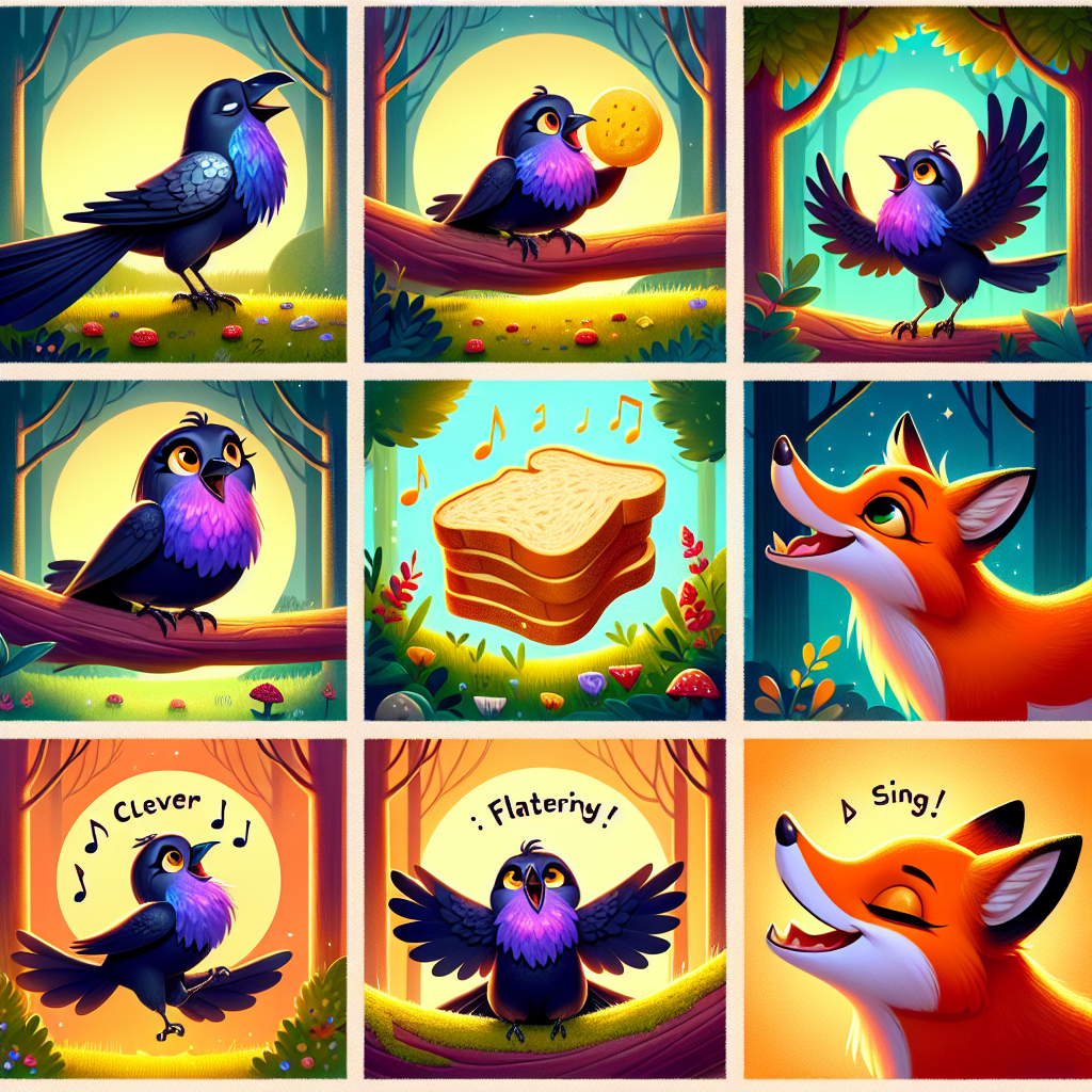 Colorful cartoon storyboard showing 8 key scenes from The Clever Crow and the Flattering Fox