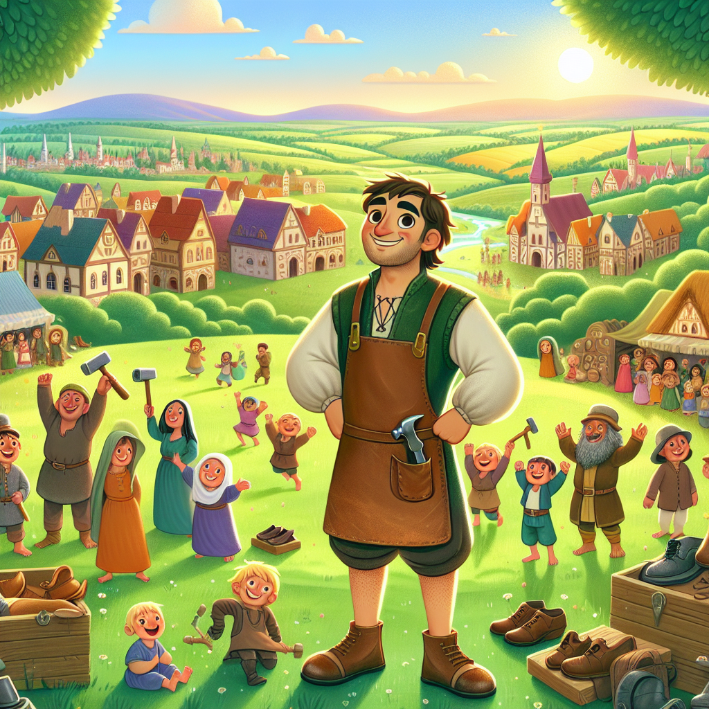 Colorful children's illustration for the story: The Cobbler King