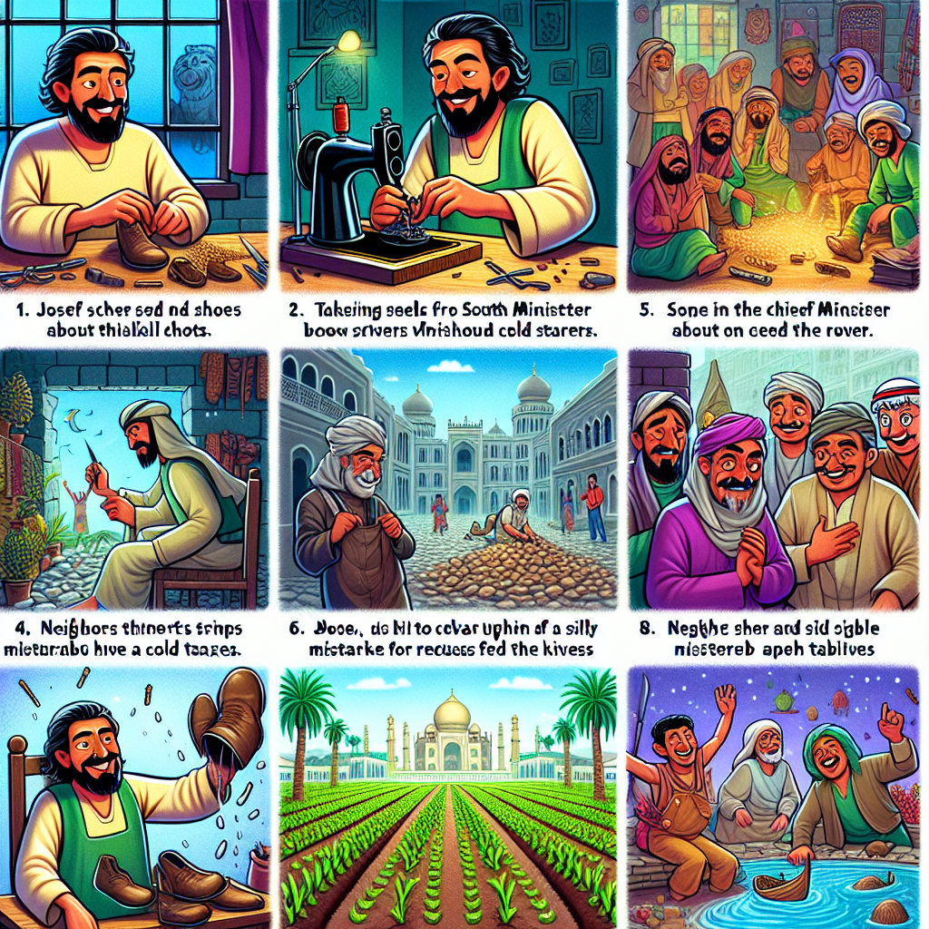 Colorful cartoon storyboard showing 8 key scenes from The Cobbler King